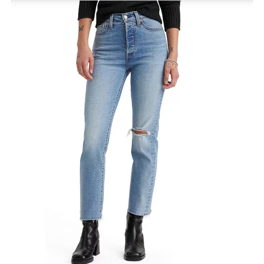 Levi's Wedgie High Rise Straight Leg Button Fly Destructed Jeans 32 Light Wash